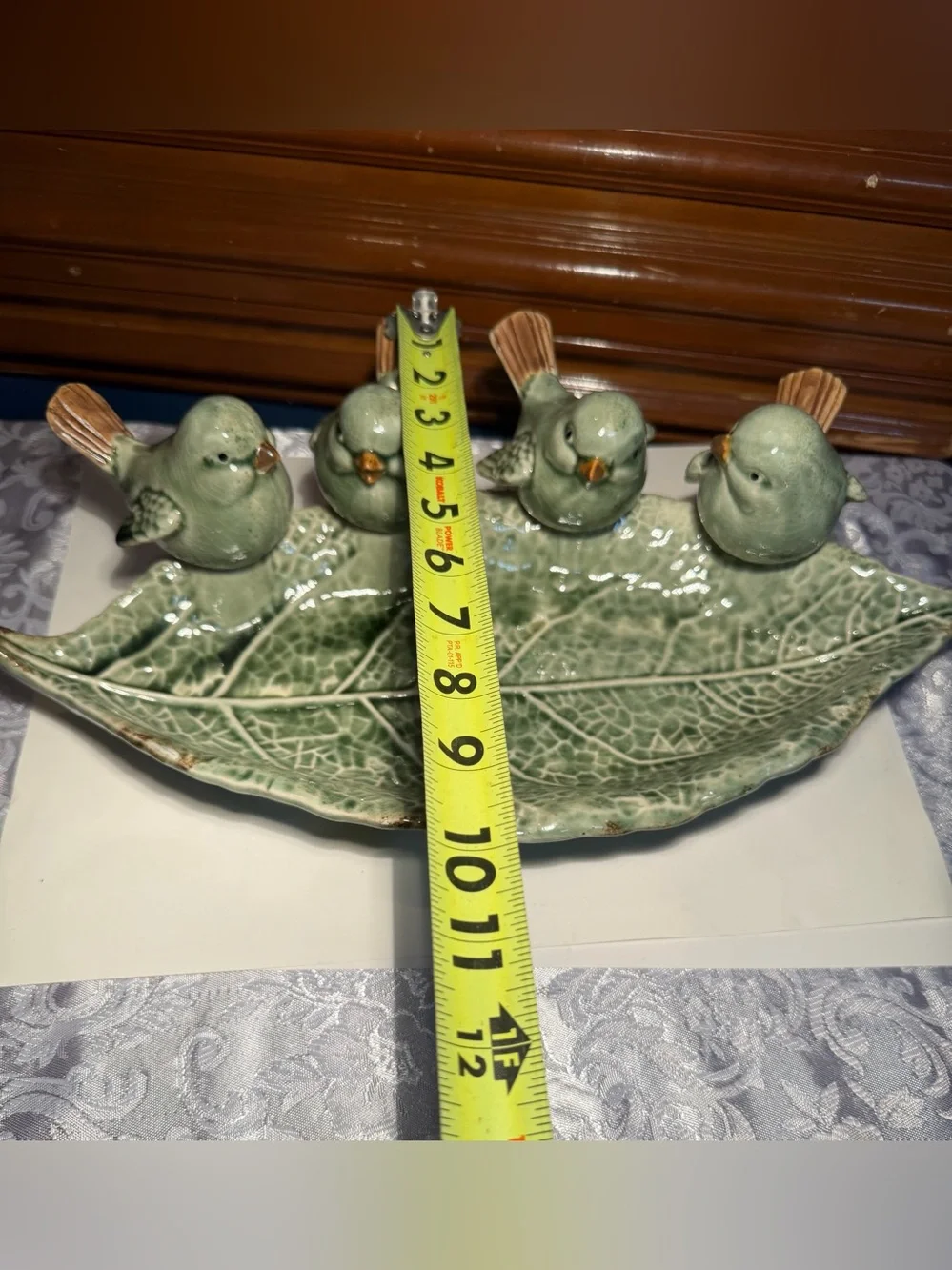 Boston International ceramic tray rustic green leaf design with 4 perched birds